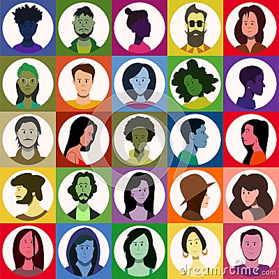 Multicolored funny icons of faces of people Cartoon Illustration